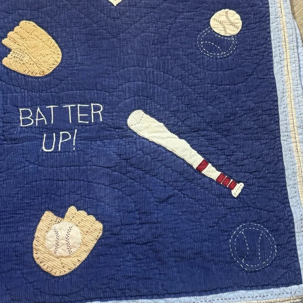 Full Pottery Barn Kids Baseball Field Cotton Corduroy Quilt Home Run Appliqué